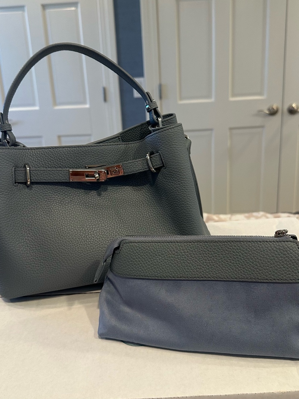 NEW Parker & Hyde steel grey Pebbled Leather Designer inspired Satchel/handbag - Picture 8 of 16